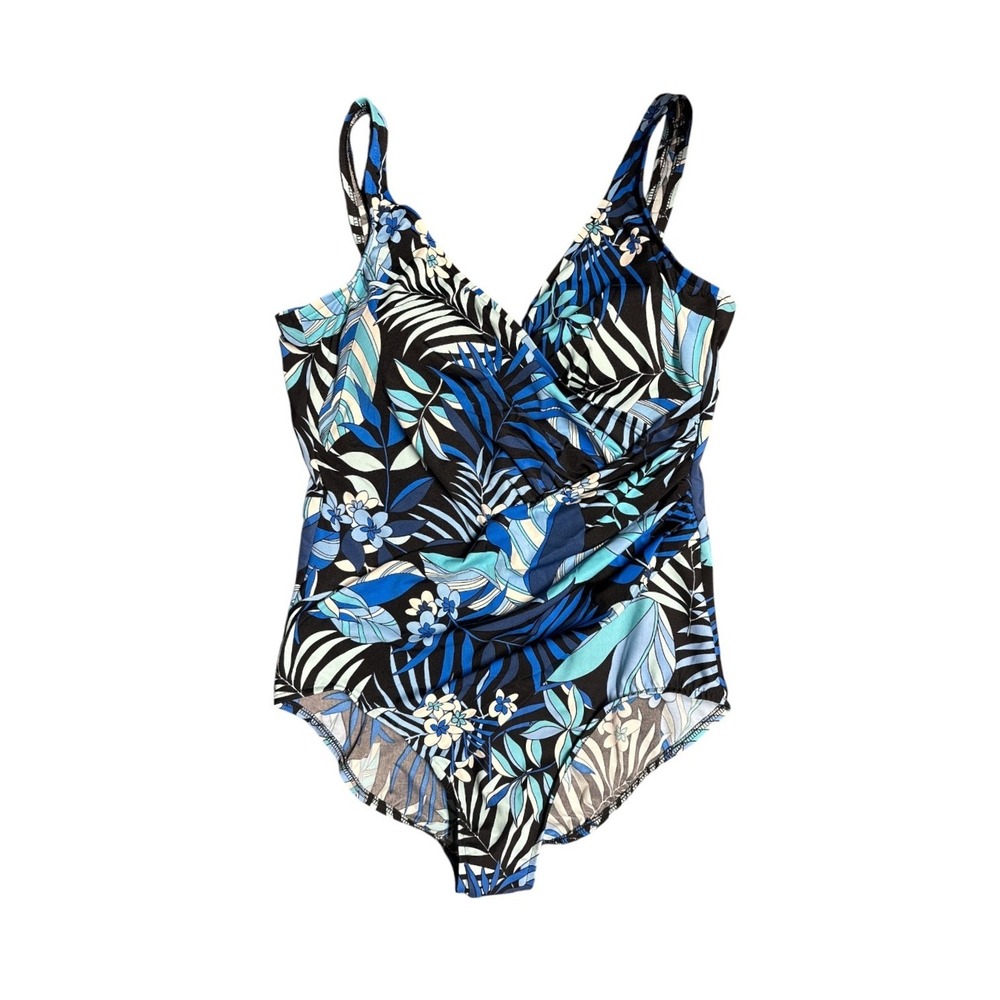 NWOT Miraclesuit Women's Blue Floral Tropical Ruched One Piece Swimsuit Size 18